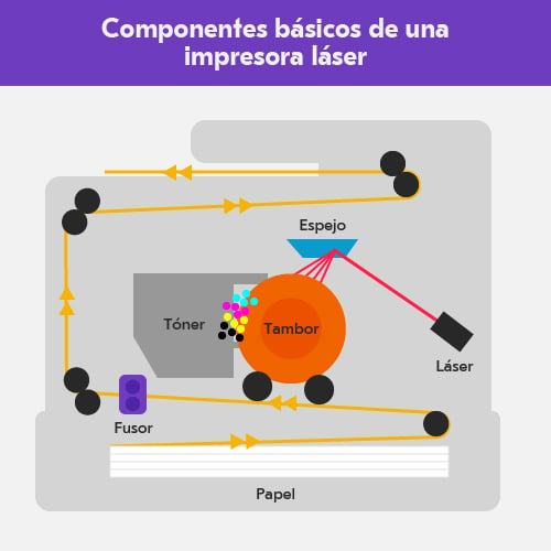 Diagrama de los componentes básicos de una impresora láser
